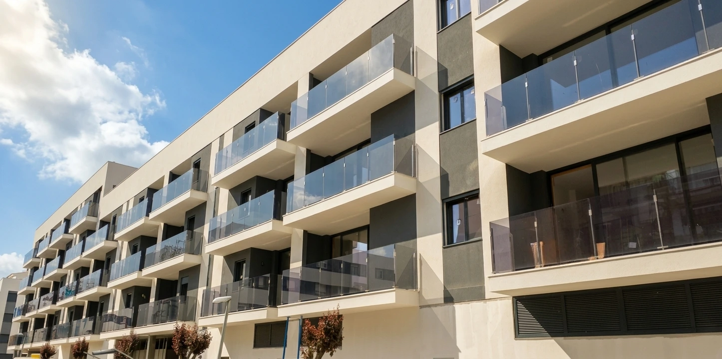 Barandillas de cristal oscuro con pilares inoxidables en edificio residencial