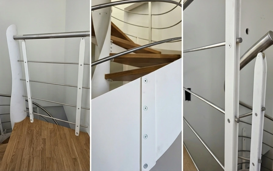 Vista superior de escalera helicoidal moderna con estructura metálica y madera