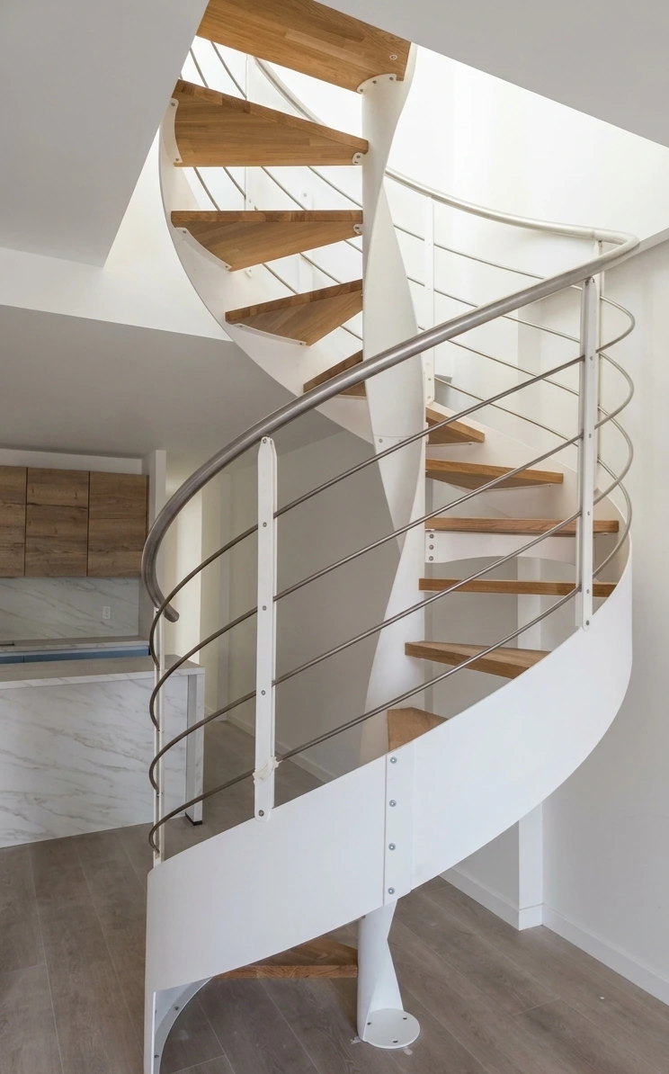 Escalera helicoidal metálica blanca con peldaños de madera instalada en vivienda de Sevilla