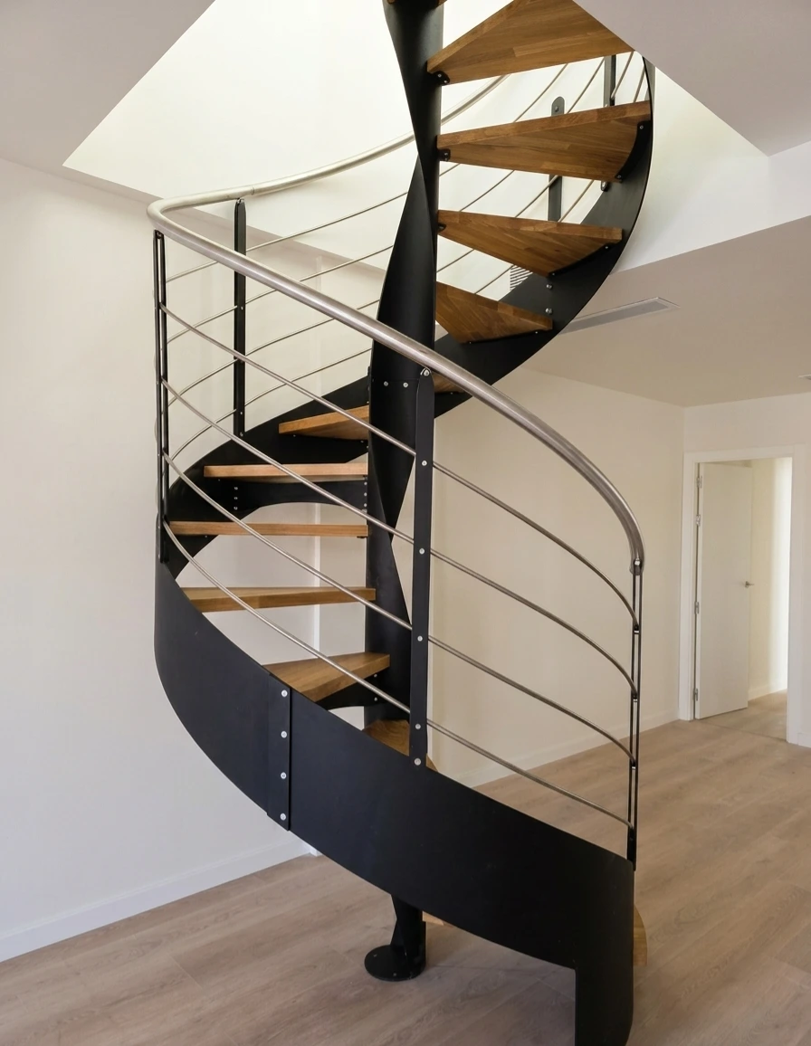 Diseño de escalera metálica helicoidal a medida para arquitectura moderna