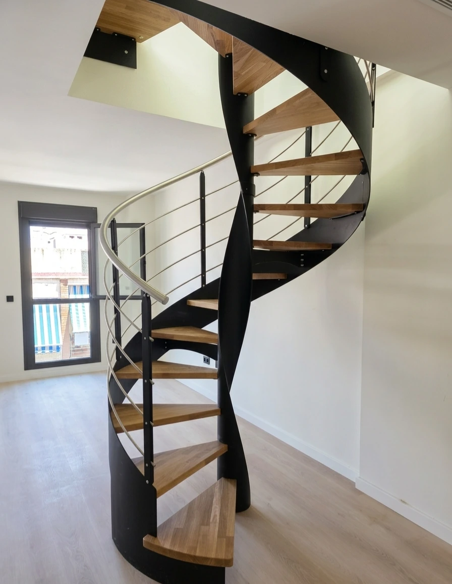 Escalera helicoidal blanca instalada en vivienda residencial de Sevilla