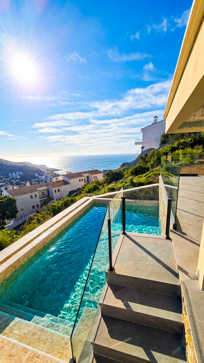 barandilla de cristal en terraza con vistas al mar en costa brava